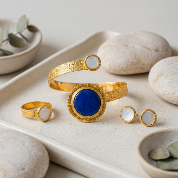 Turkish 18K Gold Plated Sapphire Glass Pearl Cuff Bracelet Ring Set Adjustable